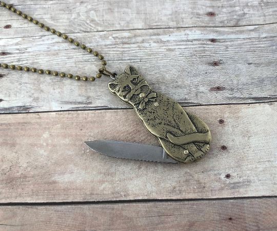 Brass Cat Folding Pocket Knife Necklace