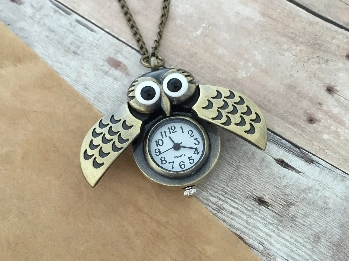 Bronze Owl Pocket Watch Necklace Chain & Battery Included
