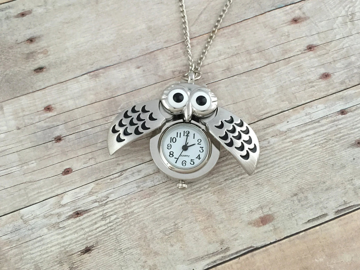 Silver Owl Pocket Watch Necklace Chain & Battery Included