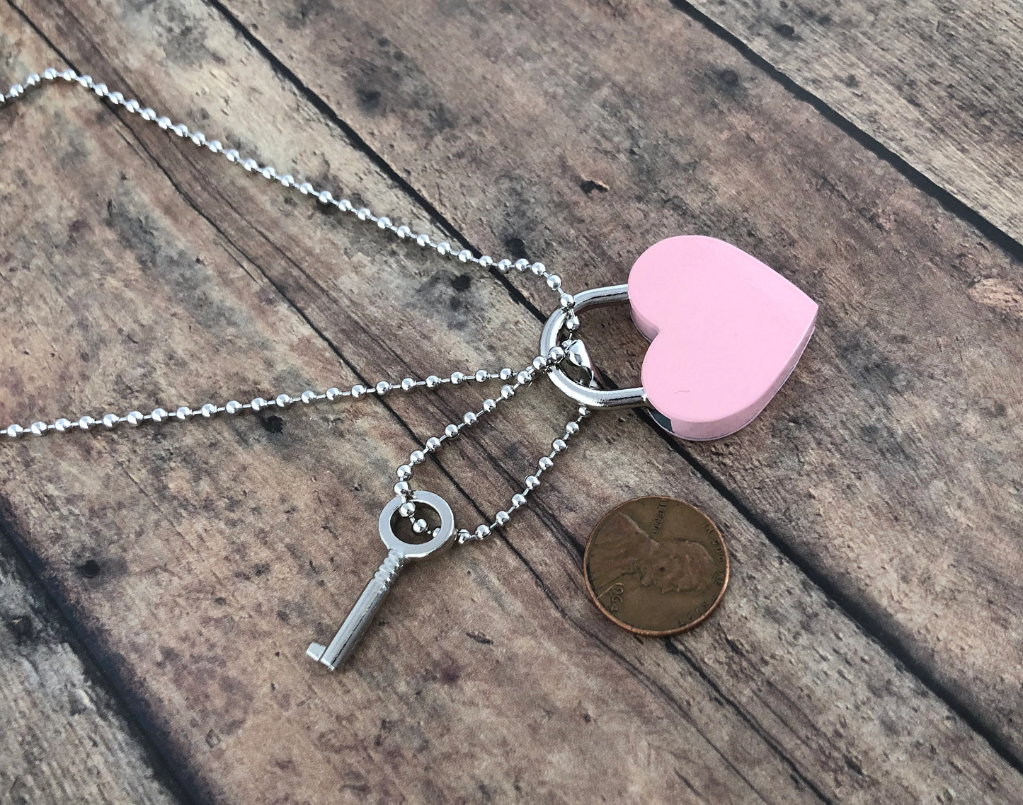 Tiny Vintage Style Pink Useable Heart Lock and Key Locket Necklace Small Locket Necklace Skeleton Key lock with Key and Chain Included