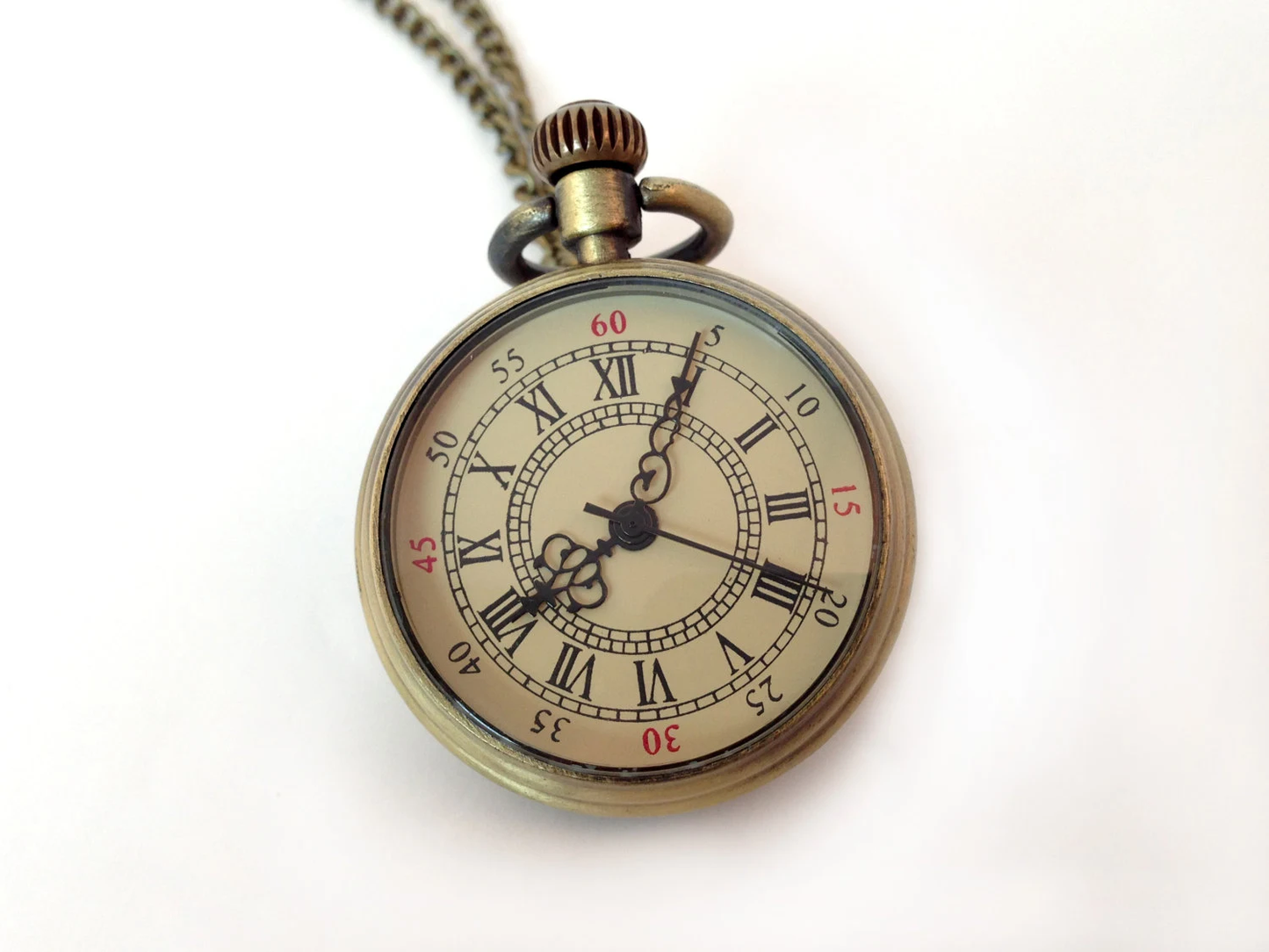 Small Roman Numeral Pocket Watch Necklace Simple Round Dial Antique Bronze Pendant Nautical Watch Necklace CHAIN & BATTERY INCLUDED