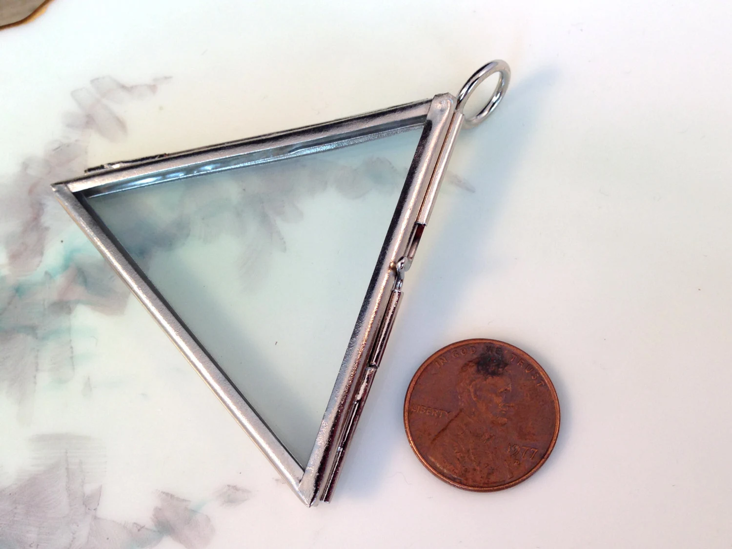 Silver Triangle Glass Frame Locket Pendant Hinged Double Sided Floating Keepsake