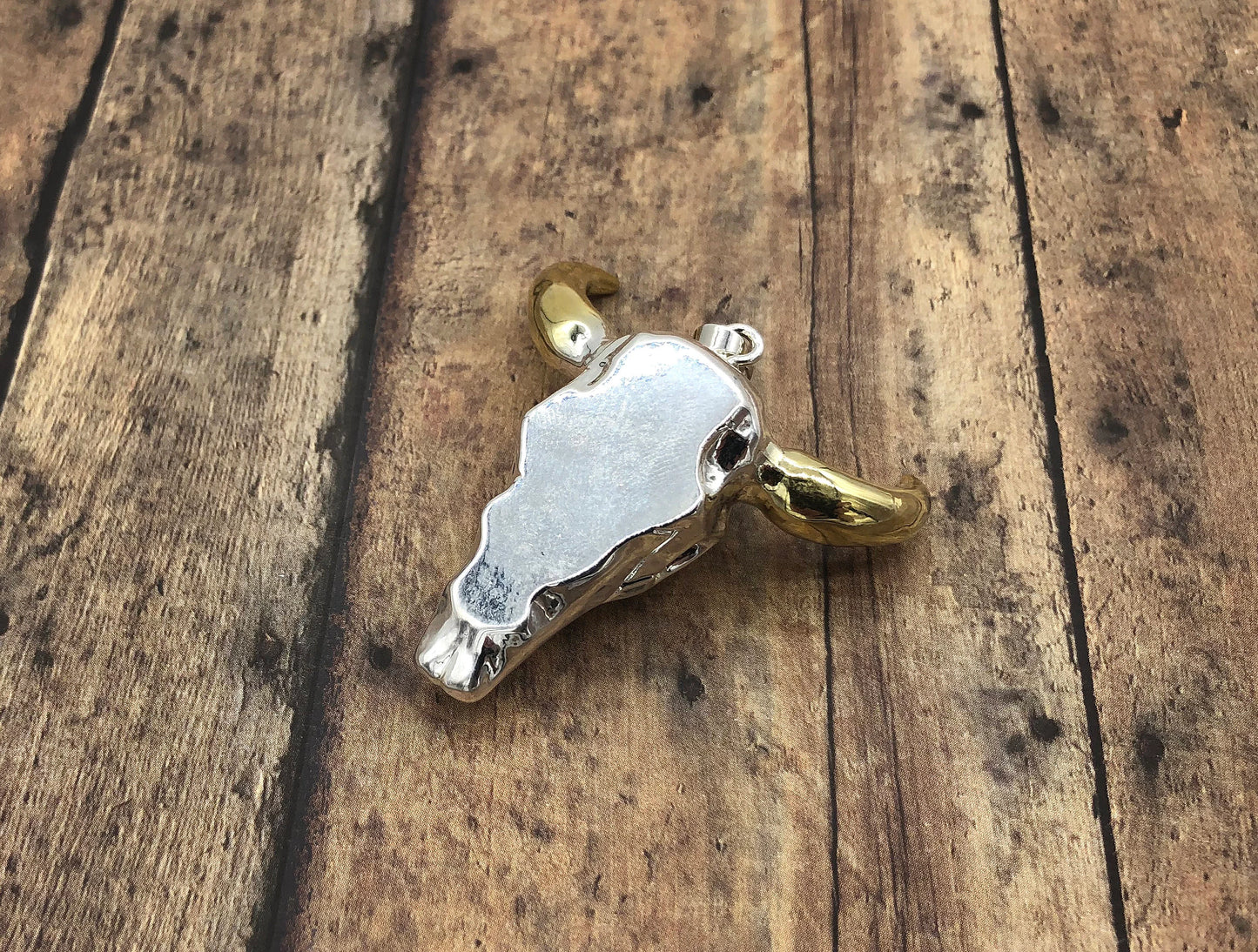 Silver And Gold Longhorn Skull Pendant Silver Plated Western Cattle Bull Skull