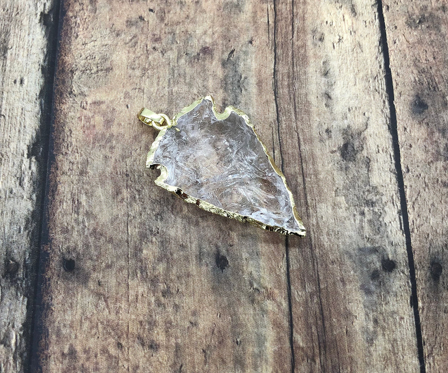Crystal Arrowhead Pendant Clear 24K Gold Dipped Edge Gemstone Arrow Head Charm Primitive Bead Ancient Point Vintage Jewelry Making Supplies