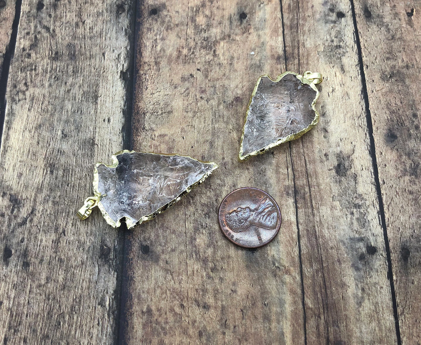 Crystal Arrowhead Pendant Clear 24K Gold Dipped Edge Gemstone Arrow Head Charm Primitive Bead Ancient Point Vintage Jewelry Making Supplies