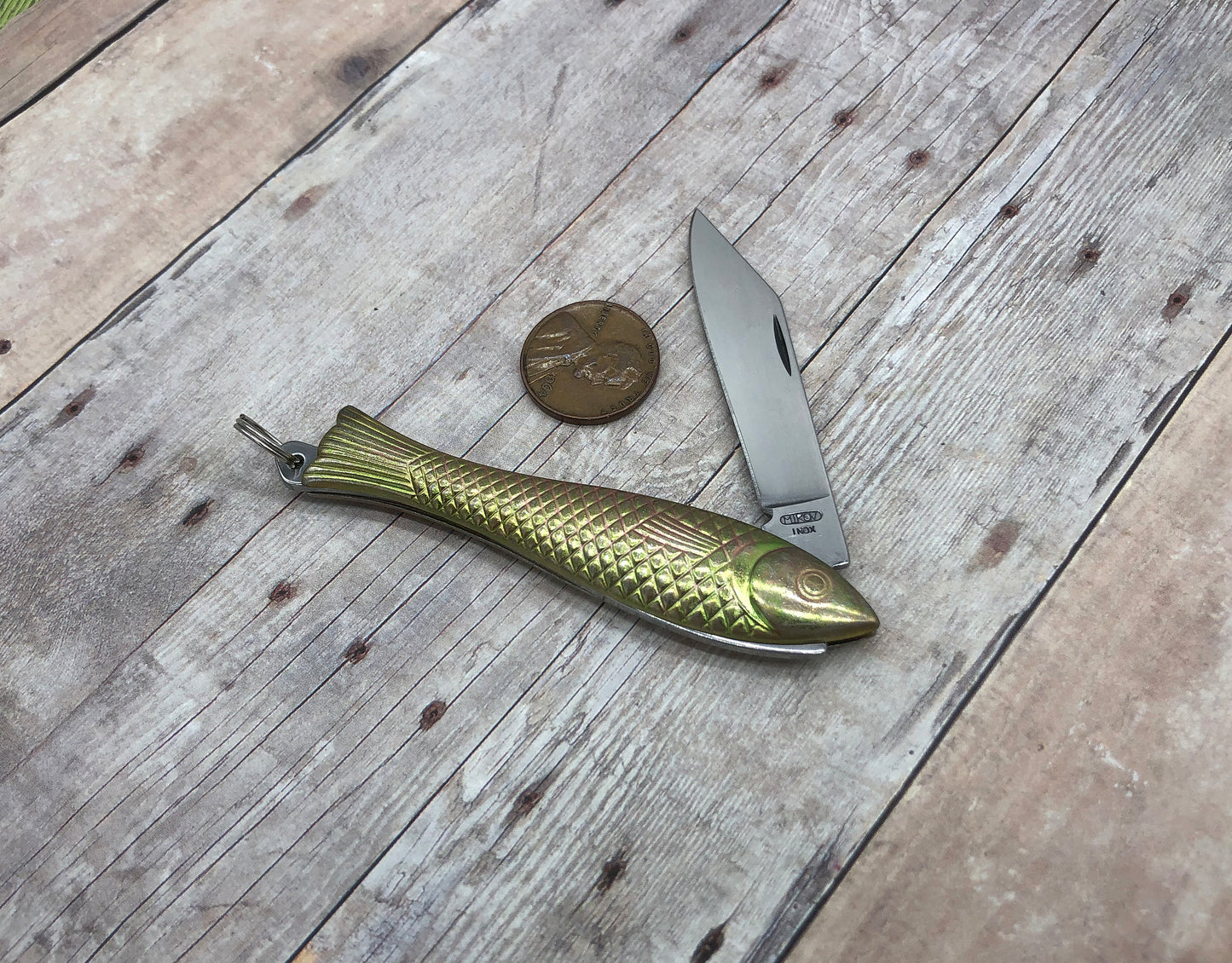 Small Brass Fish Pocket Knife Pendant Charm Folder With Loop