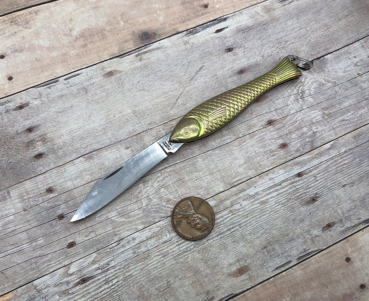 Small Brass Fish Pocket Knife Pendant Charm Folder With Loop