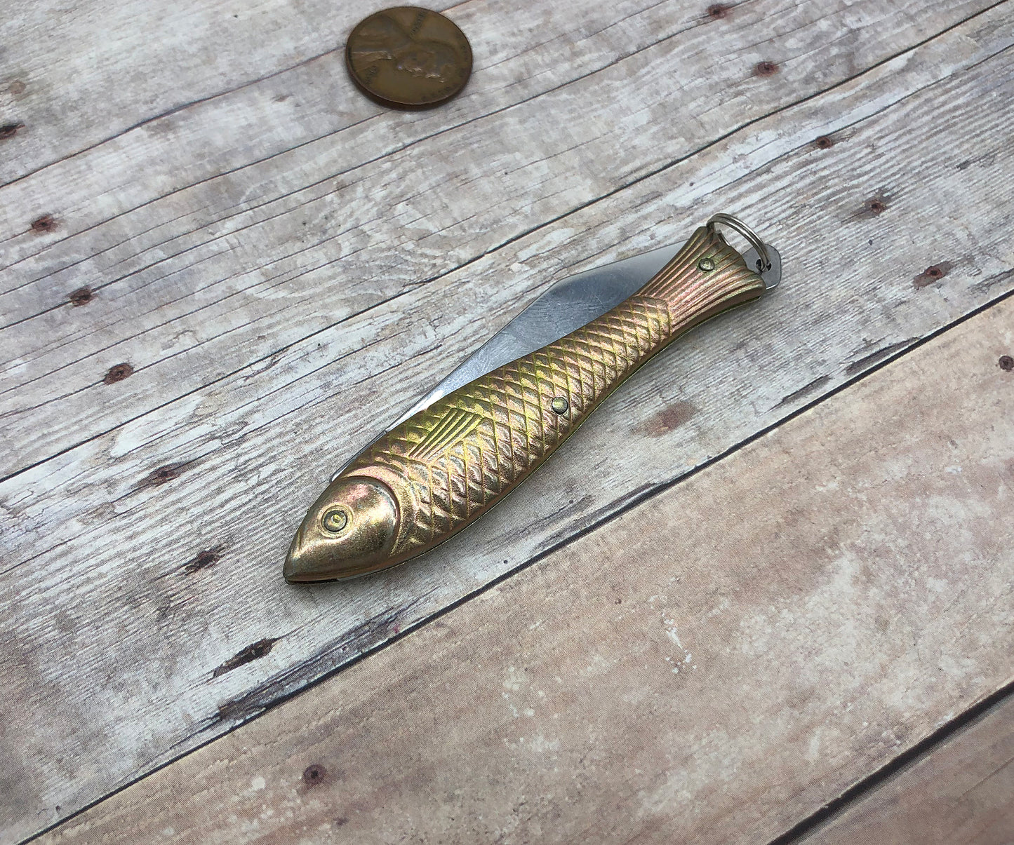 Small Brass Fish Pocket Knife Pendant Charm Folder With Loop