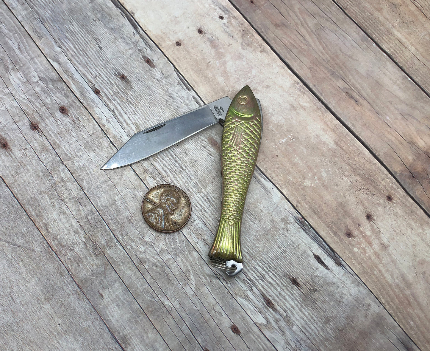 Small Brass Fish Pocket Knife Pendant Charm Folder With Loop