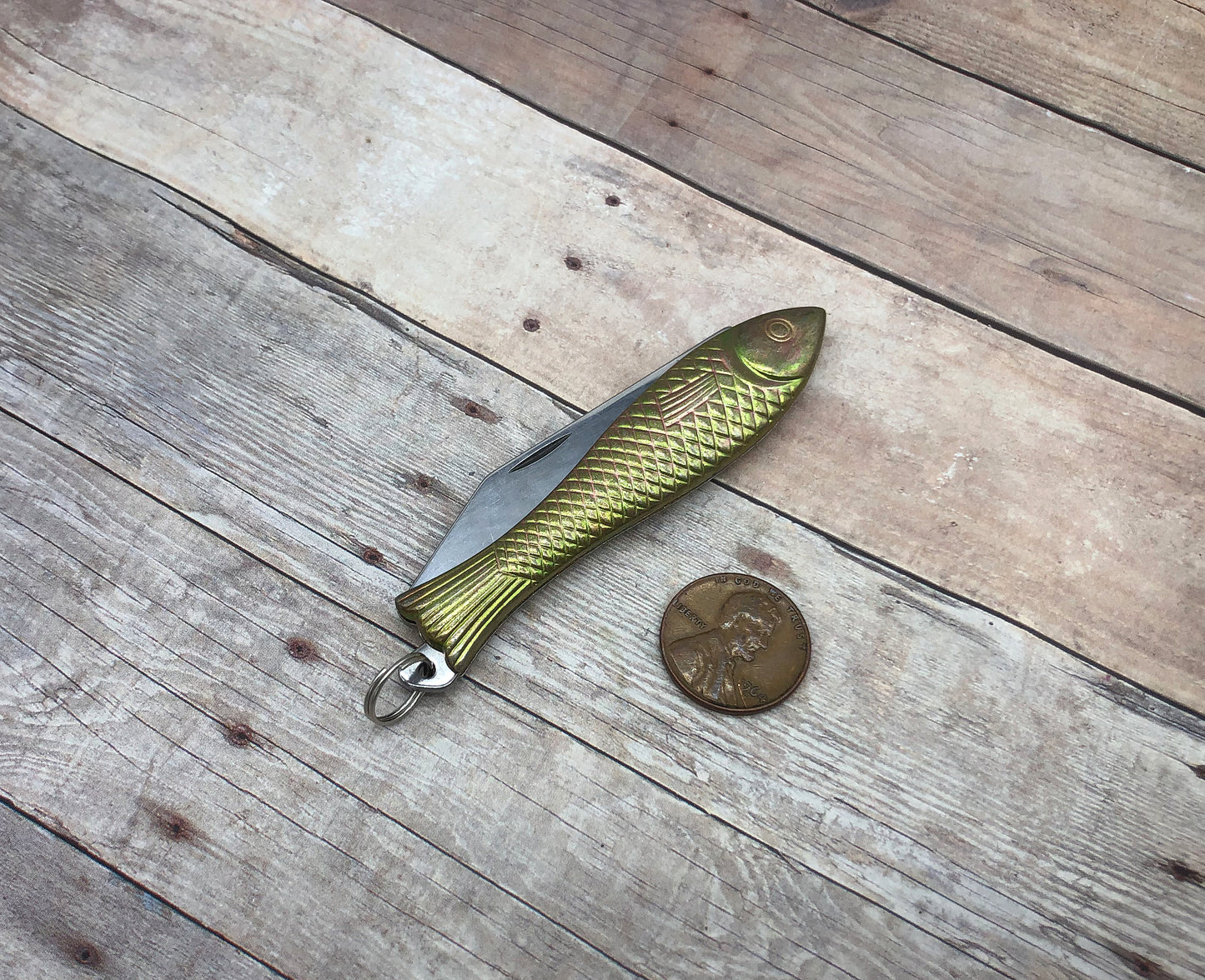 Small Brass Fish Pocket Knife Pendant Charm Folder With Loop