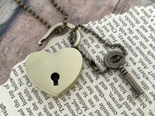 Antique Brass Useable Heart Lock and Skeleton Key Necklace