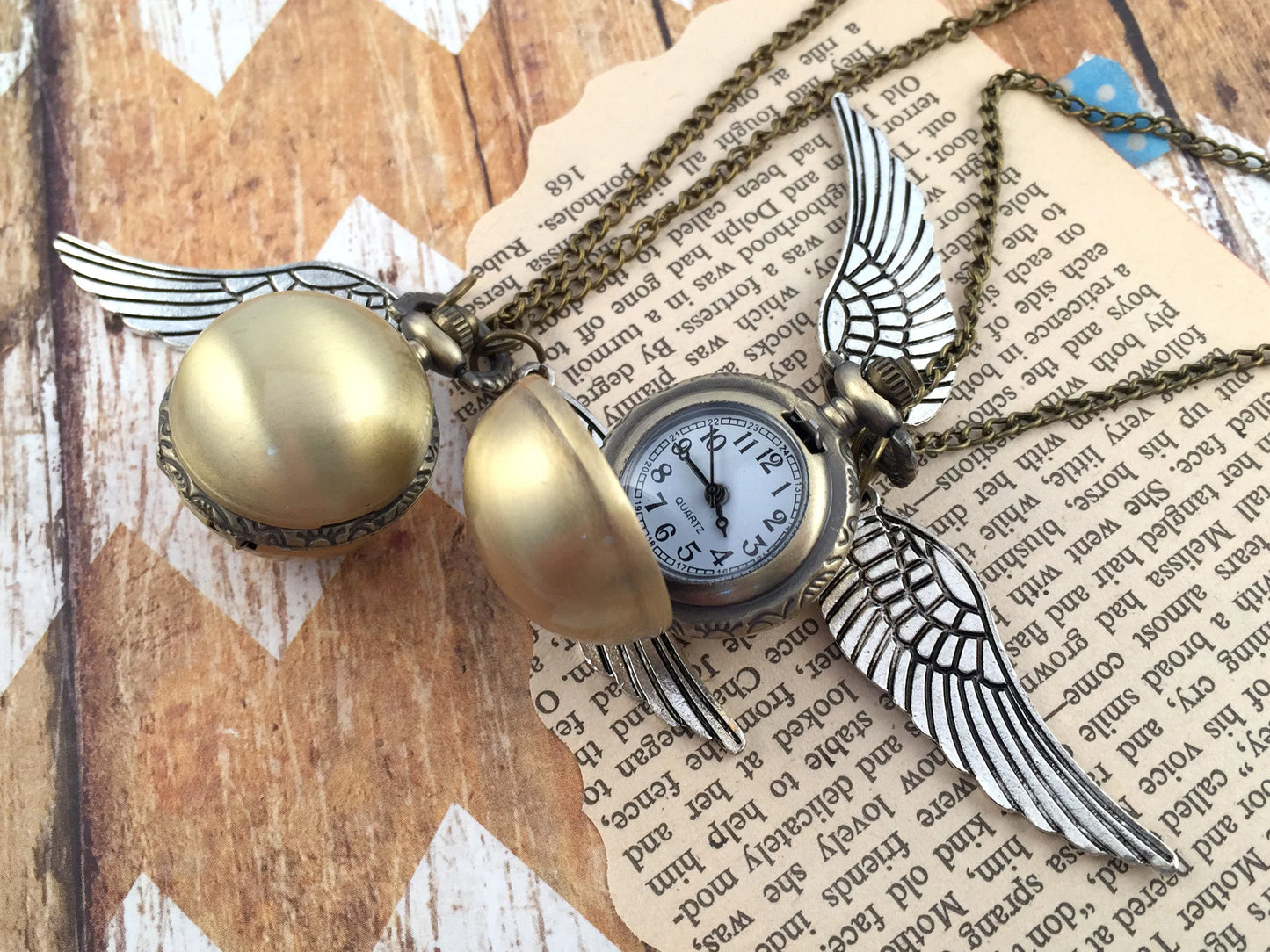 Bronze Flying Snitch Pocket Watch Necklace With Silver Wings