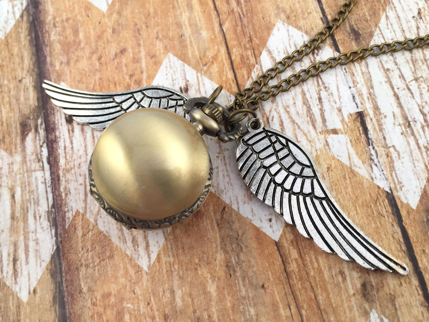 Bronze Flying Snitch Pocket Watch Necklace With Silver Wings