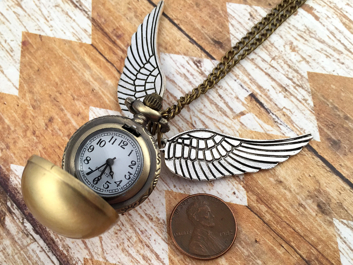 Bronze Flying Snitch Pocket Watch Necklace With Silver Wings