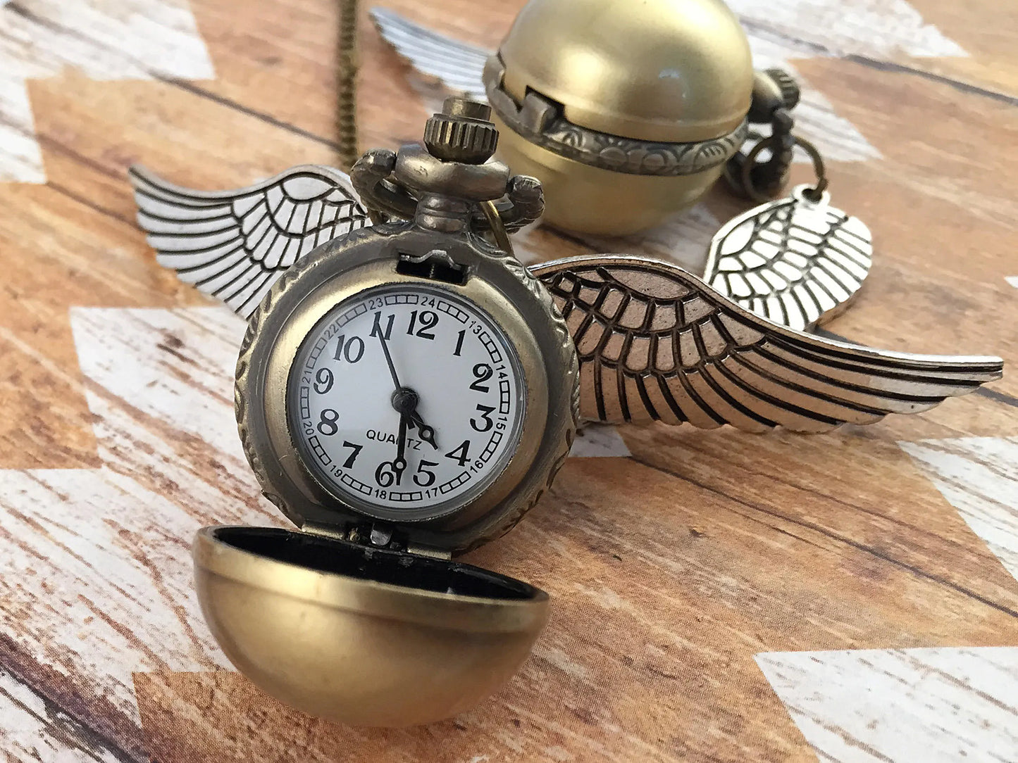 Bronze Flying Snitch Pocket Watch Necklace With Silver Wings