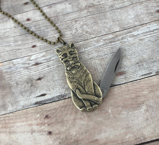 Brass Cat Folding Pocket Knife Necklace