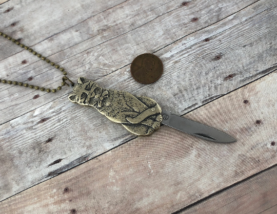 Brass Cat Folding Pocket Knife Necklace