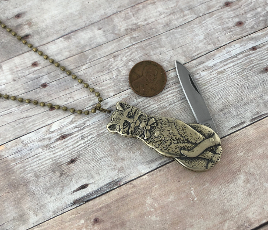 Brass Cat Folding Pocket Knife Necklace