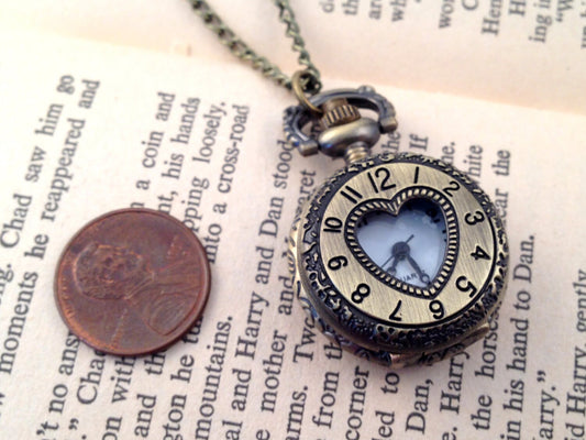 Darling Vintage Heart Pocket Watch Necklace Vintage Style Heart Door With CHAIN & BATTERY INCLUDED