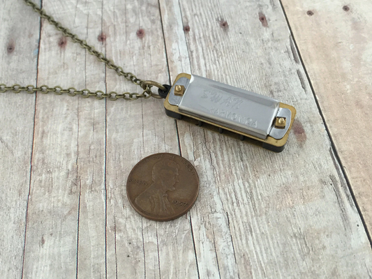 Miniature Vintage Style Harmonica Pendant on Necklace Chain WORKING Harp Music Charm