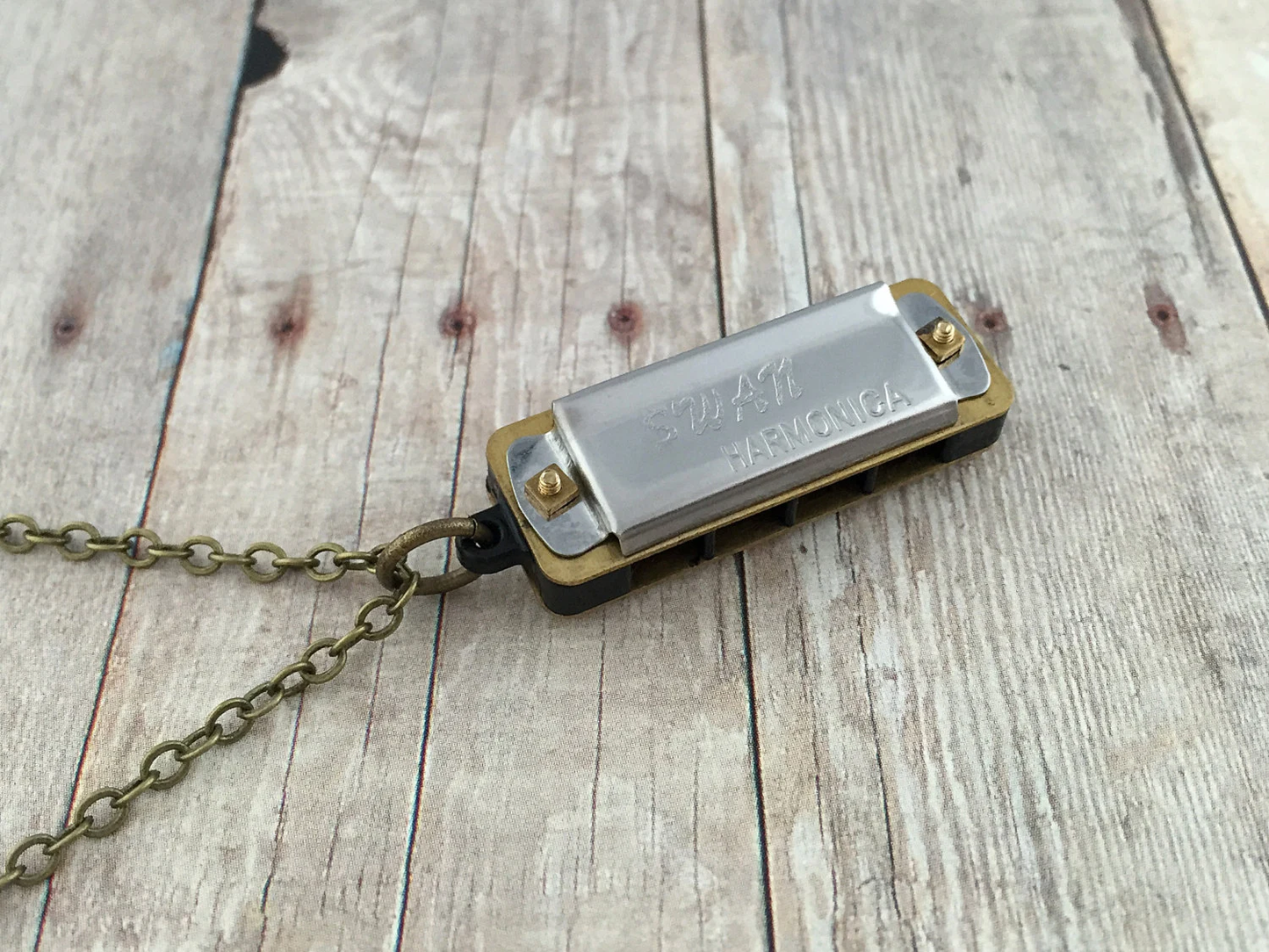 Miniature Vintage Style Harmonica Pendant on Necklace Chain WORKING Harp Music Charm