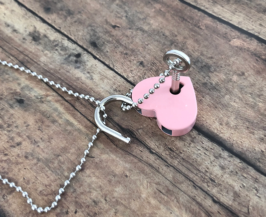 Tiny Vintage Style Pink Useable Heart Lock and Key Locket Necklace Small Locket Necklace Skeleton Key lock with Key and Chain Included