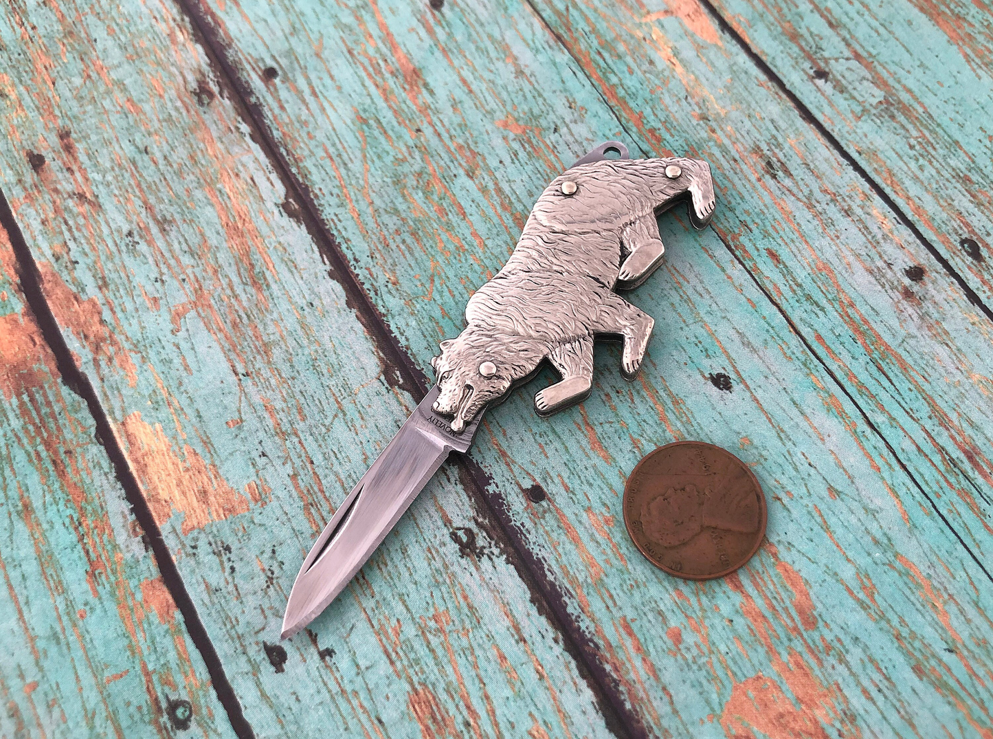 Mini Bear Letter Opener Pendant Silver American Grizzly Bear Knife Charm Bullet Necklace Pendant Jewelry Miniature Folding Pocket Knife