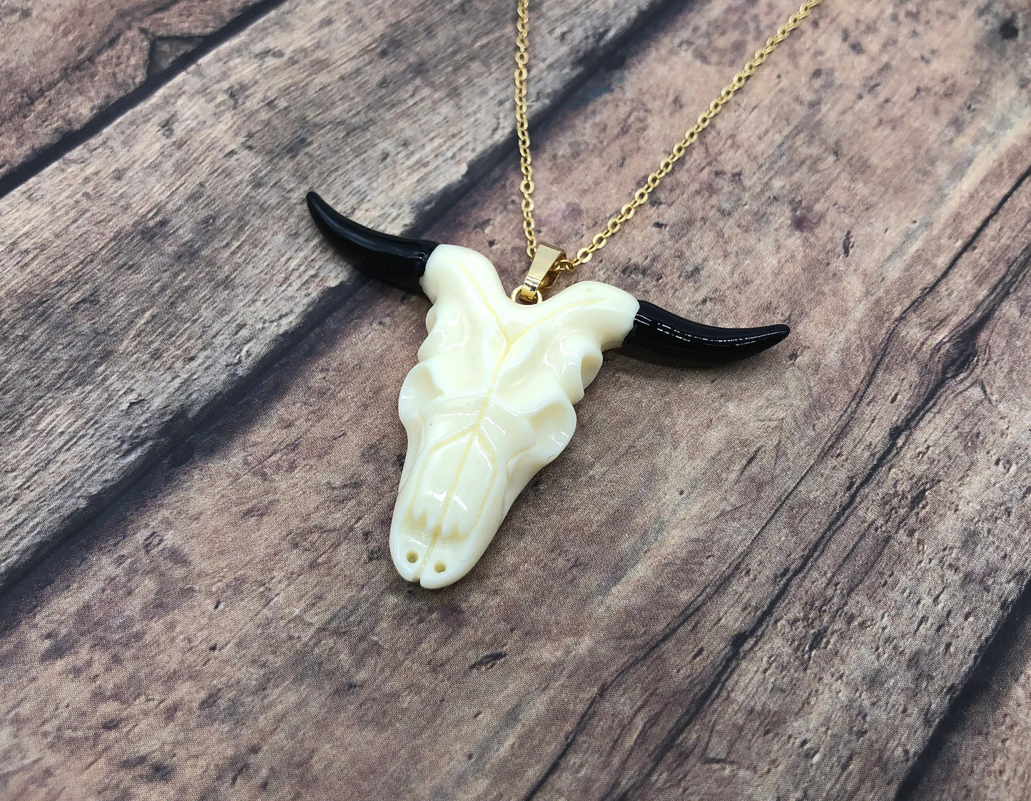 Western Bull Skull Pendant Necklace With 24K Gold Chain Cattle Bull Pendant