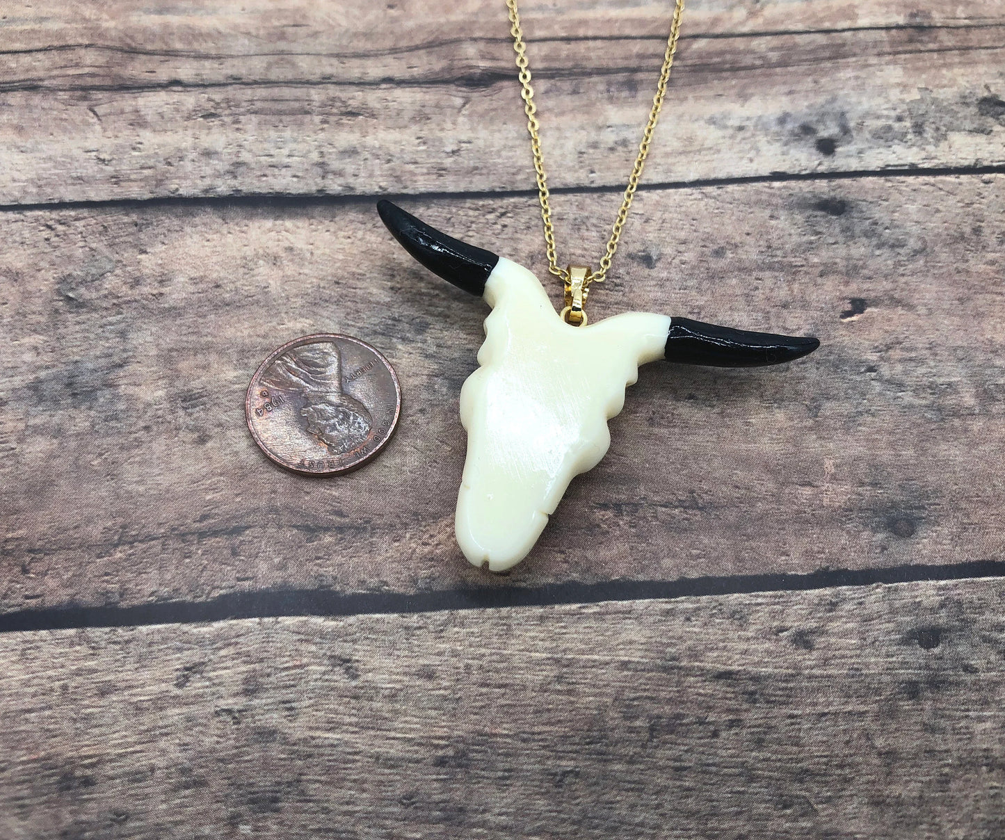 Western Bull Skull Pendant Necklace With 24K Gold Chain Cattle Bull Pendant