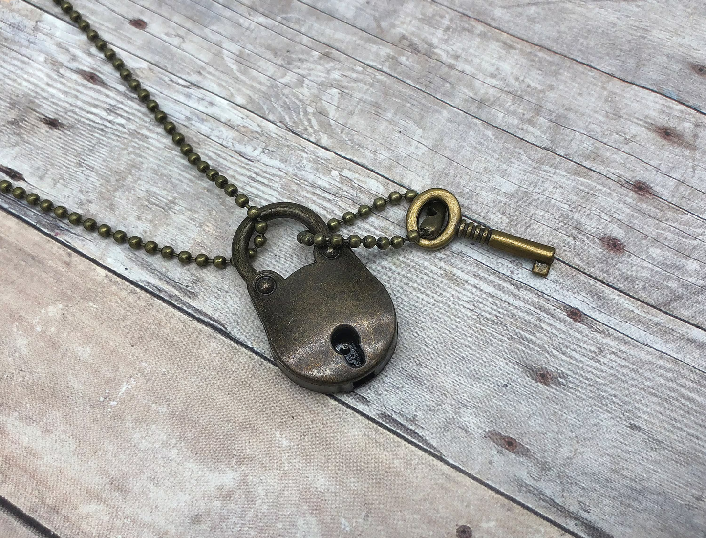 Antique Style Bronze Useable Lock and Skeleton Key Necklace