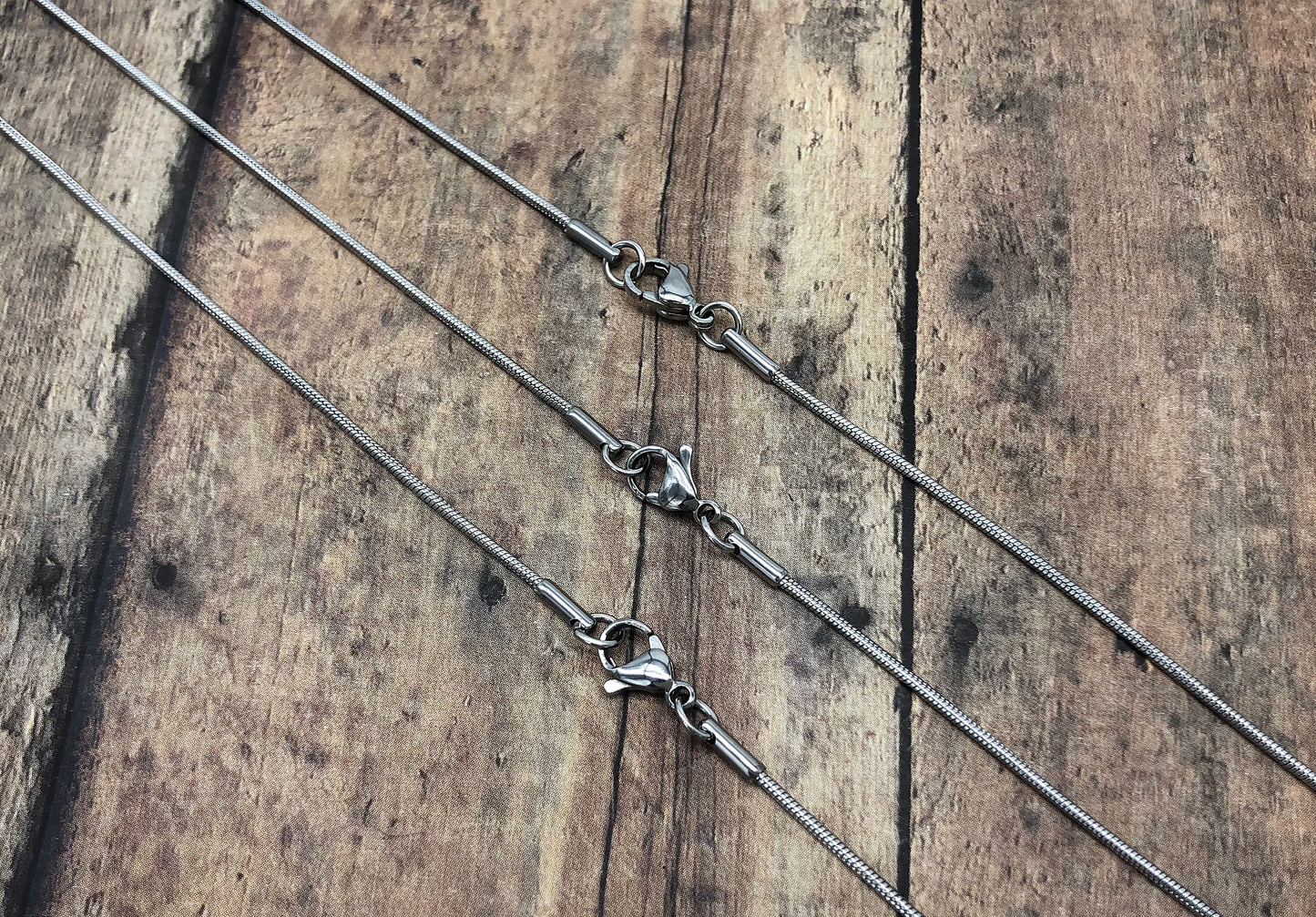 3 Ready Made Silver Snake Style Necklace Chains, 1.2 mm Diameter 24 Inches Long Antique Silver Stainless Vintage Jewelry Making DIY Supplies