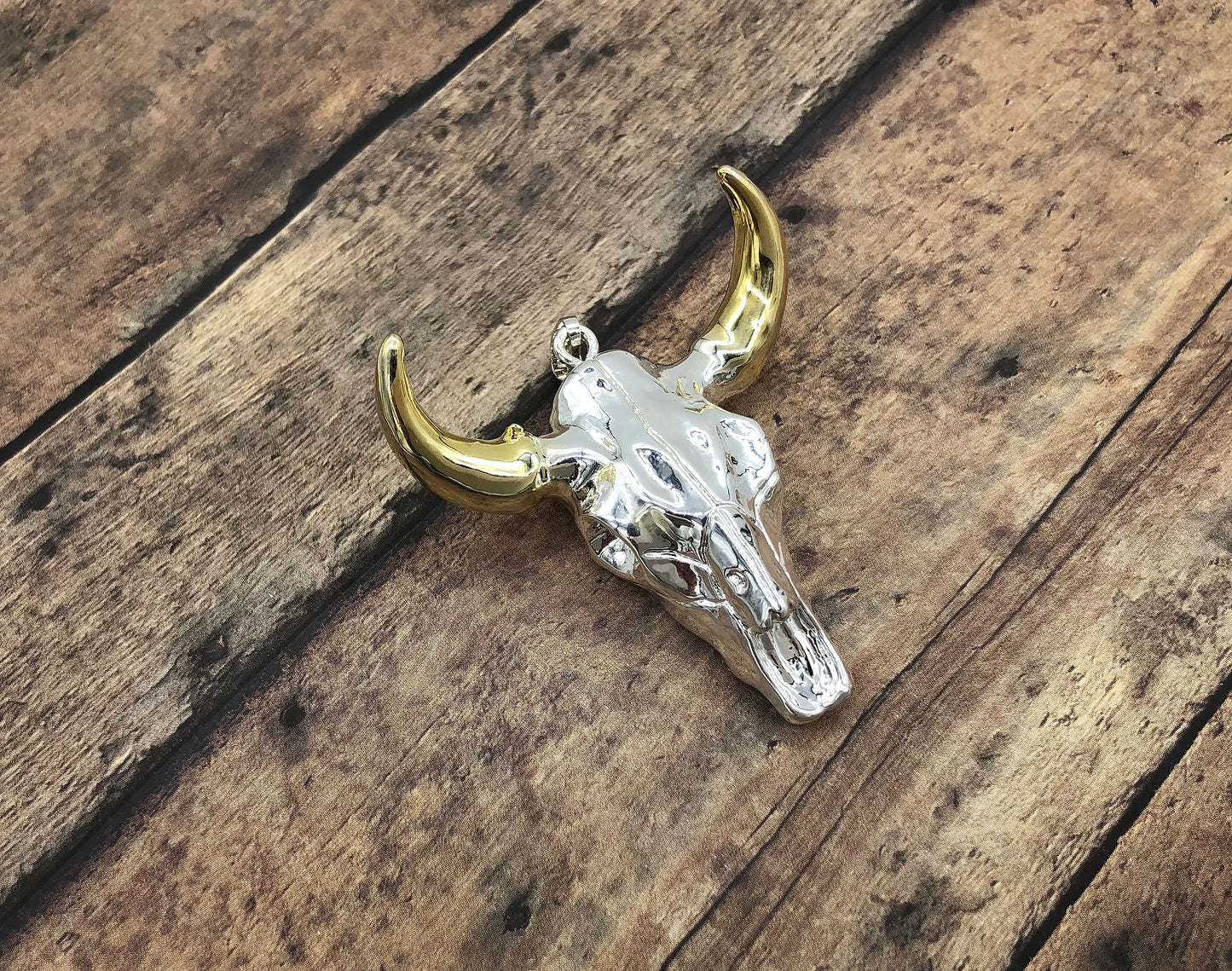 Silver And Gold Longhorn Skull Pendant Silver Plated Western Cattle Bull Skull