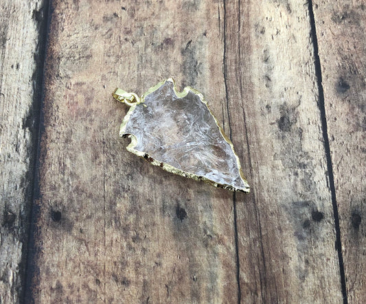 Crystal Arrowhead Pendant Clear 24K Gold Dipped Edge Gemstone Arrow Head Charm Primitive Bead Ancient Point Vintage Jewelry Making Supplies