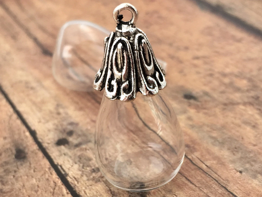 Small Glass Globe Tear Drop Bubble Pendant DIY Antique Silver Or Bronze Top Terrarium Capsule Bottle Charm Apothecary Jewelry Supplies