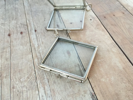 Double Sided Glass Silver Square Frame Locket Pendant