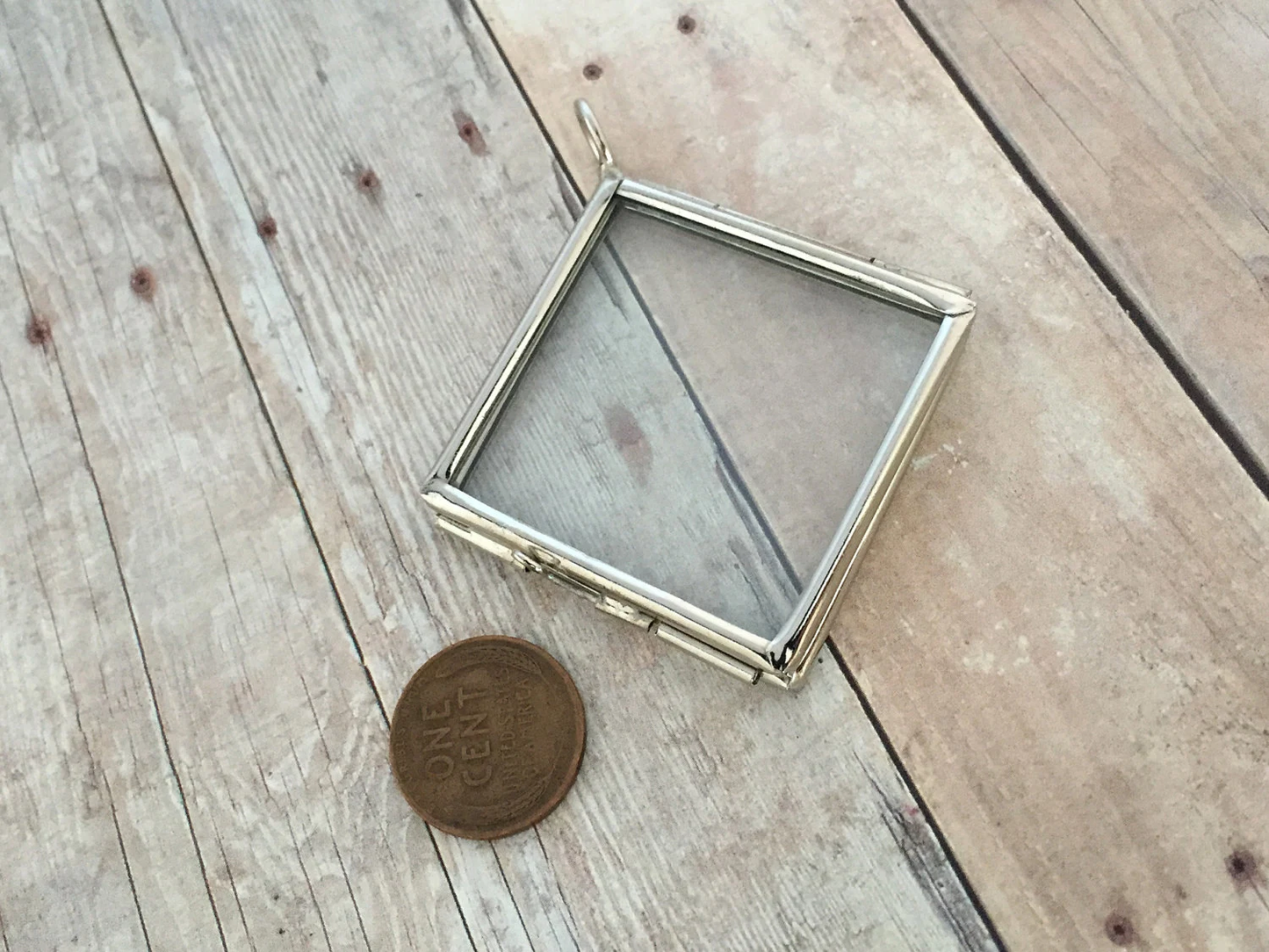 Double Sided Glass Silver Square Frame Locket Pendant