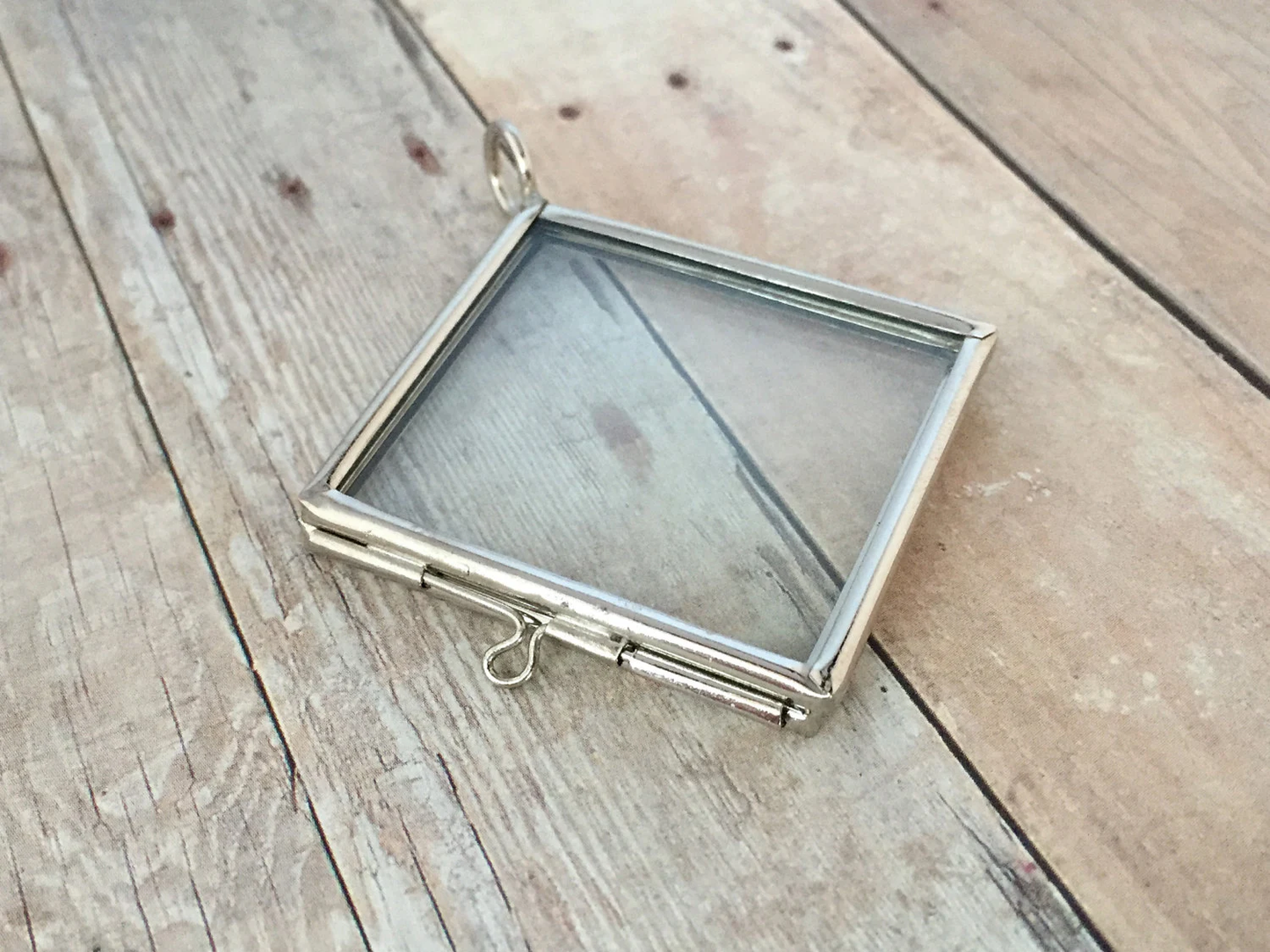 Double Sided Glass Silver Square Frame Locket Pendant