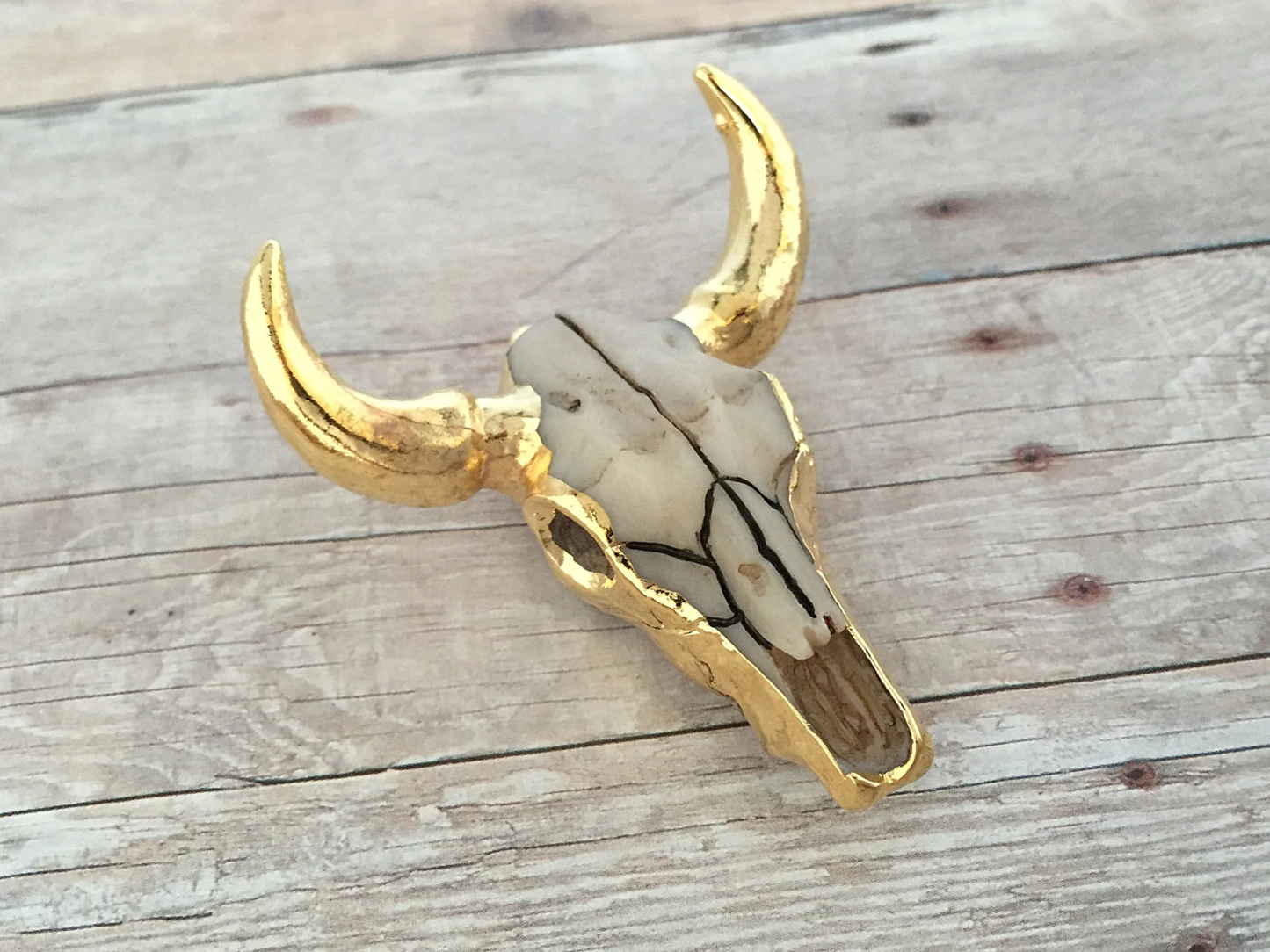 24K Gold Dipped Longhorn Skull Pendant With Loop Attachment