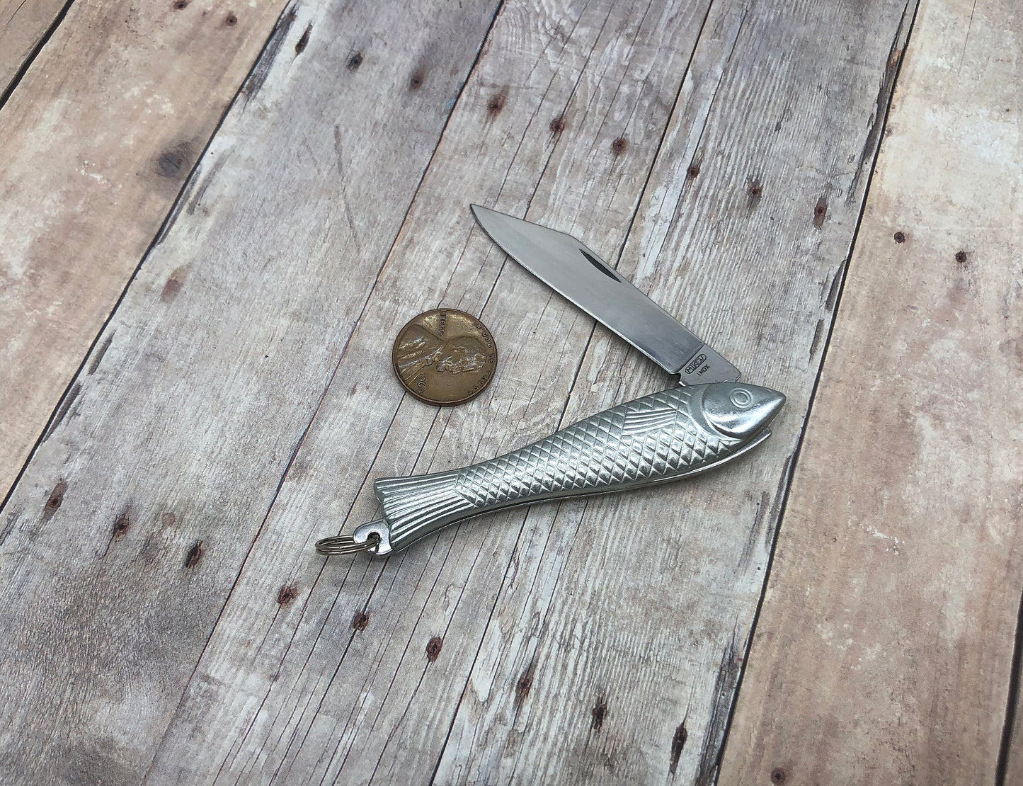 Small Silver Fish Pocket Knife Pendant Charm Folder With Loop