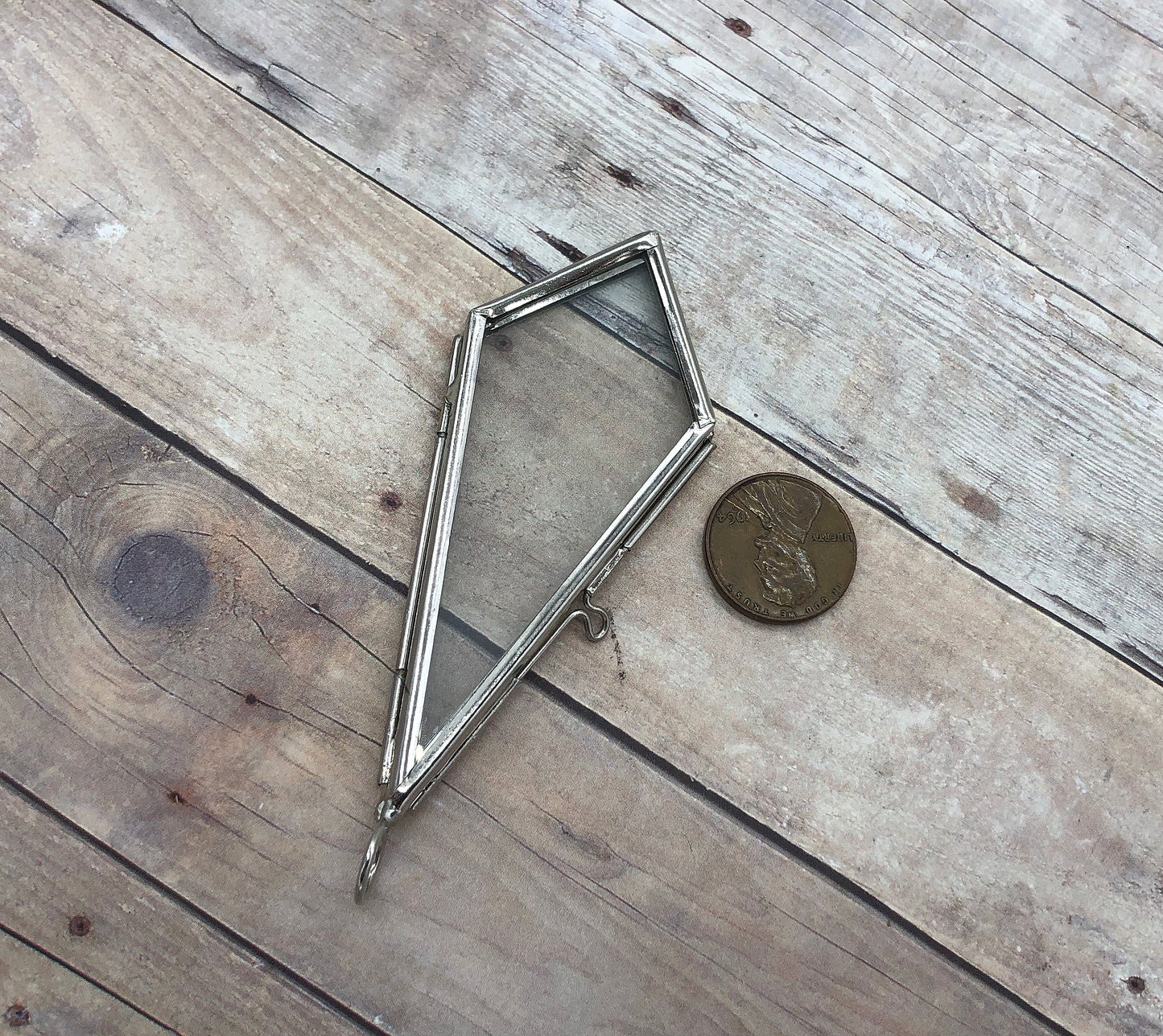 Silver Double Sided Glass Kite Diamond Frame Pendant Hinged Locket Charm