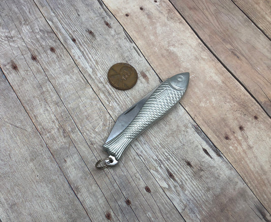 Small Silver Fish Pocket Knife Pendant Charm Folder With Loop