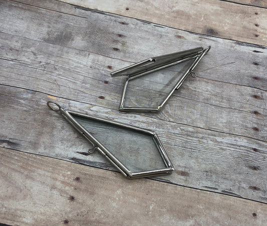 Silver Double Sided Glass Kite Diamond Frame Pendant Hinged Locket Charm